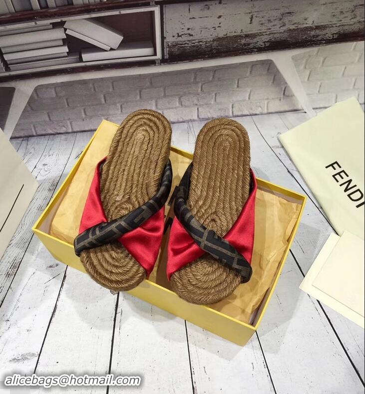 Shop Imitation Fendi FF Logo Cord Sole Twist Slides Sandals F94307 Red 2019