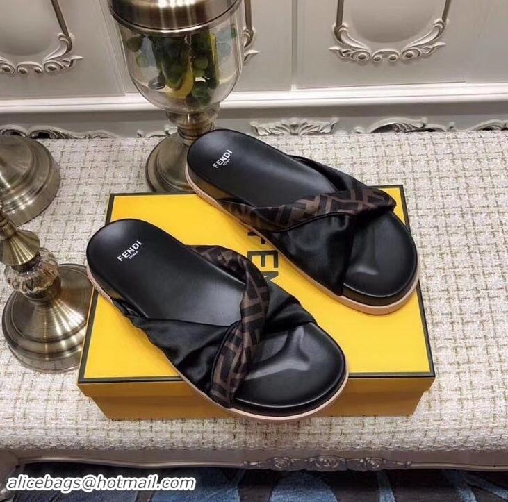 Top Quality Imitation Fendi FF Logo Twist Slides F95301 Black 2019