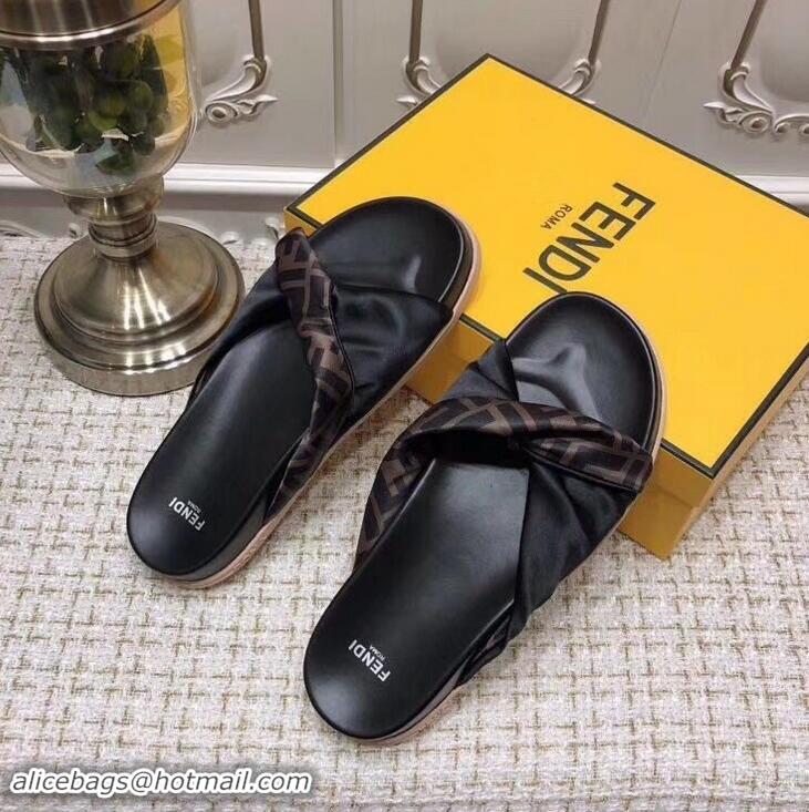 Top Quality Imitation Fendi FF Logo Twist Slides F95301 Black 2019