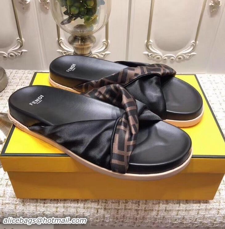 Top Quality Imitation Fendi FF Logo Twist Slides F95301 Black 2019