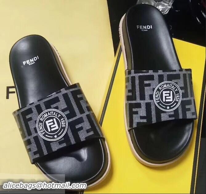 Luxury Hot Cheap Fendi FF Logo Stamp Slides F95304 Black 2019