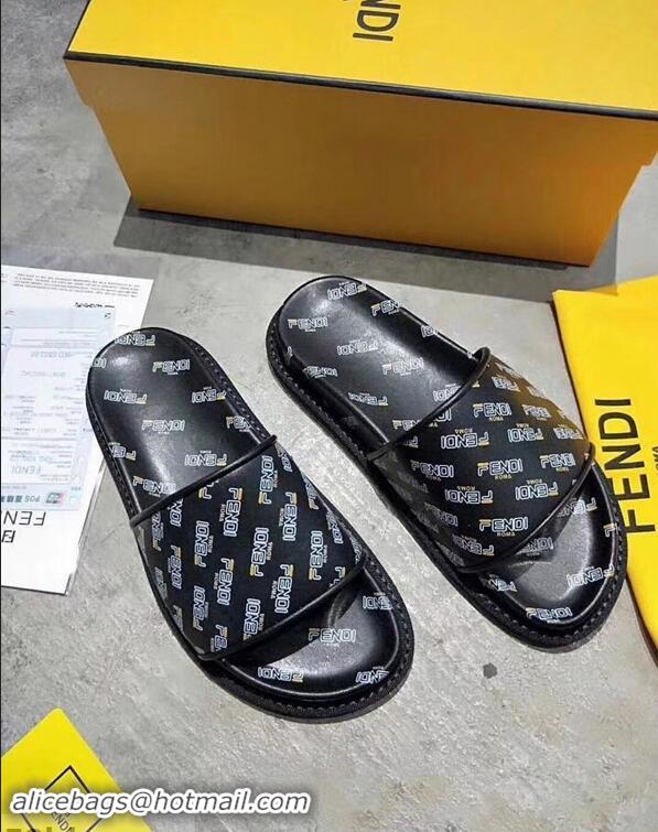 Cheap Newest Fendi All Over Mania Logo Slides F95307 Black 2019