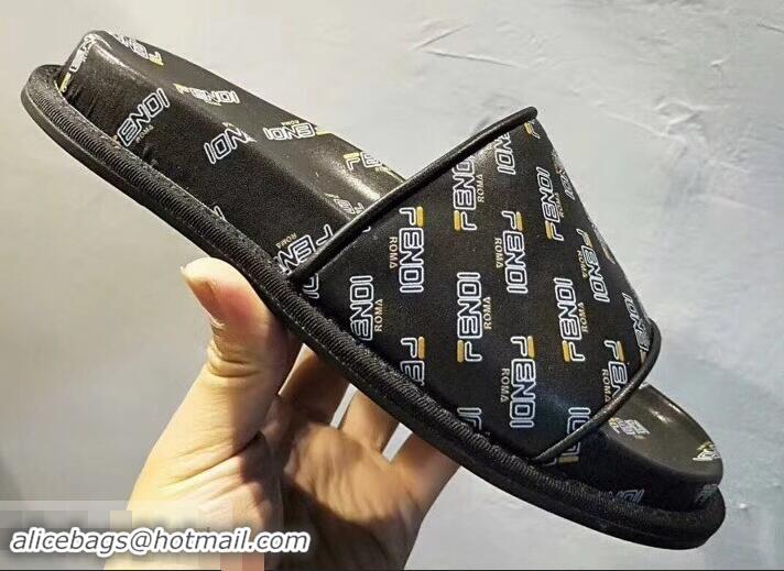 Cheap Newest Fendi All Over Mania Logo Slides F95307 Black 2019