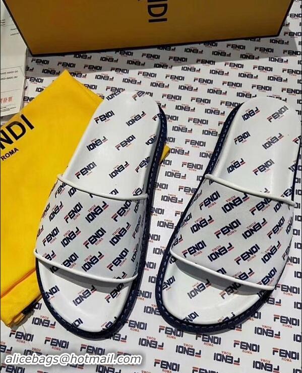 New Product Fendi All Over Mania Logo Slides F95307 White 2019