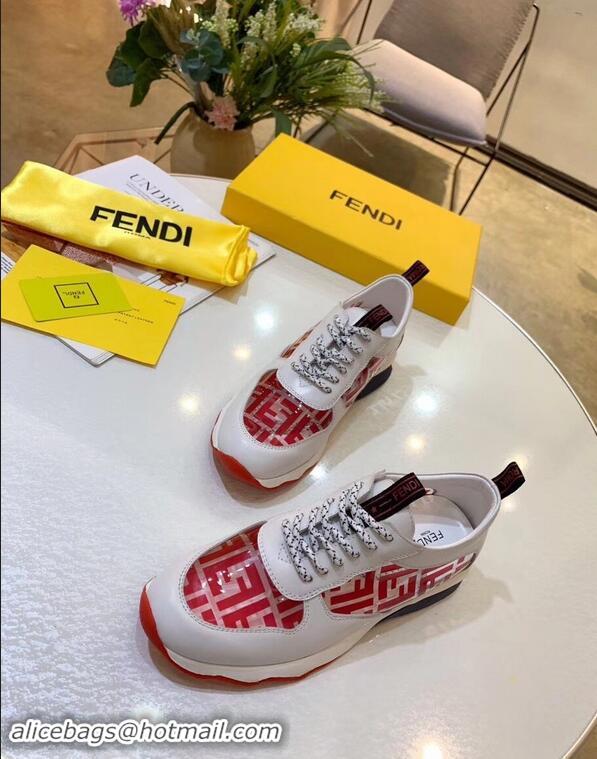 Latest Imitation Fendi All-Over FF Logo in PU Sneakers F95744 White/Red 2019