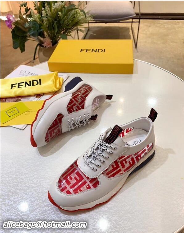 Latest Imitation Fendi All-Over FF Logo in PU Sneakers F95744 White/Red 2019