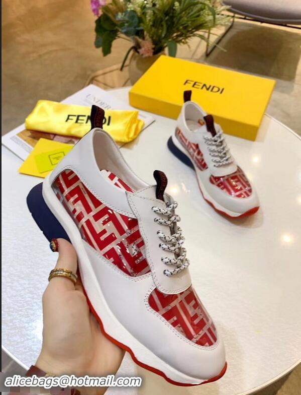 Latest Imitation Fendi All-Over FF Logo in PU Sneakers F95744 White/Red 2019