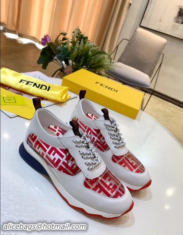 Latest Imitation Fendi All-Over FF Logo in PU Sneakers F95744 White/Red 2019