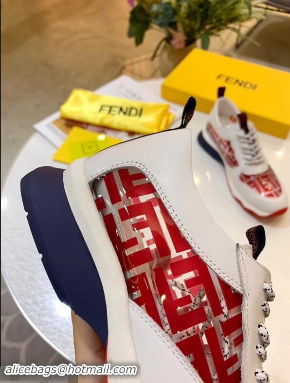 Latest Imitation Fendi All-Over FF Logo in PU Sneakers F95744 White/Red 2019