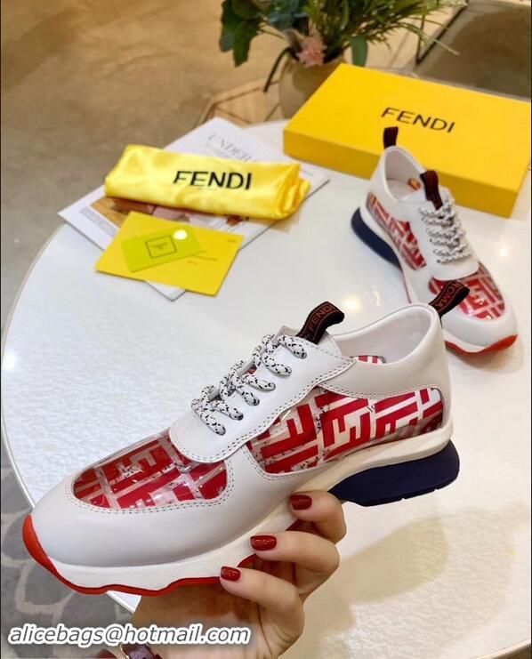 Latest Imitation Fendi All-Over FF Logo in PU Sneakers F95744 White/Red 2019