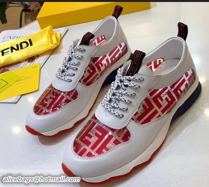 Latest Imitation Fendi All-Over FF Logo in PU Sneakers F95744 White/Red 2019