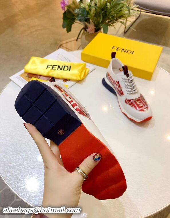 Latest Imitation Fendi All-Over FF Logo in PU Sneakers F95744 White/Red 2019