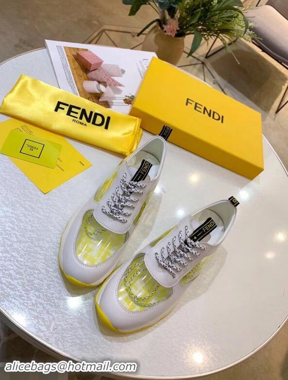 Wholesale Fendi All-Over FF Logo in PU Sneakers F95744 White/Yellow 2019