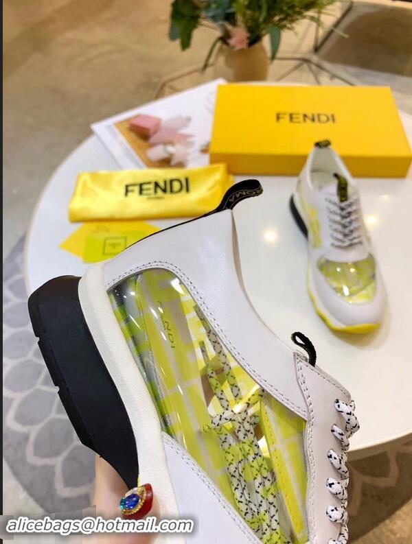 Wholesale Fendi All-Over FF Logo in PU Sneakers F95744 White/Yellow 2019