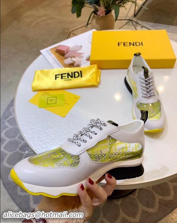 Wholesale Fendi All-Over FF Logo in PU Sneakers F95744 White/Yellow 2019