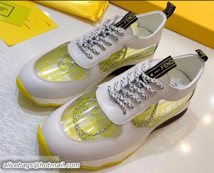 Wholesale Fendi All-Over FF Logo in PU Sneakers F95744 White/Yellow 2019