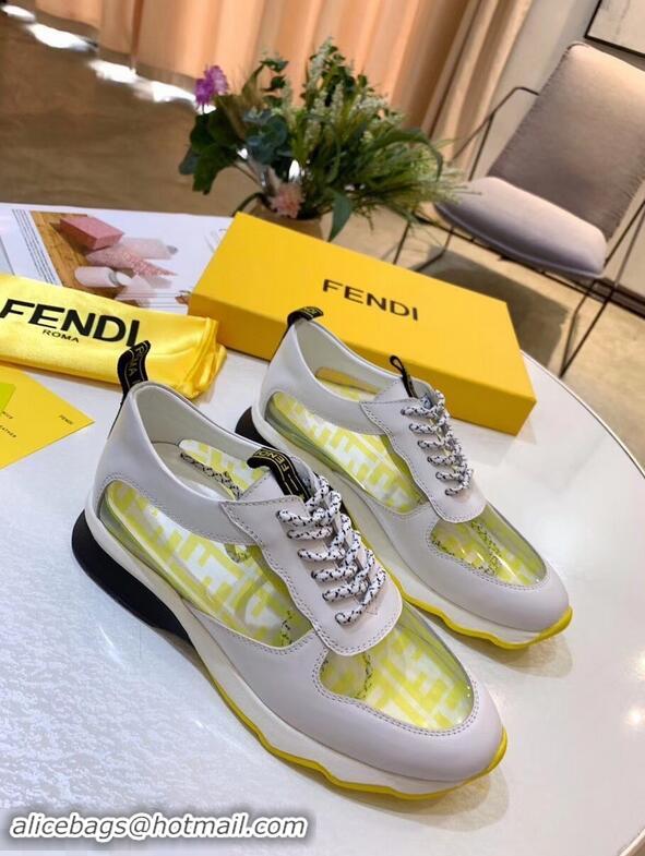 Wholesale Fendi All-Over FF Logo in PU Sneakers F95744 White/Yellow 2019