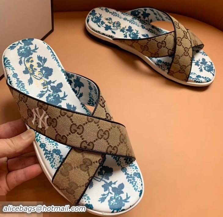 Refined Gucci NY GG Canvas Men's Crossover Slide Sandals G96709 Beige 2019