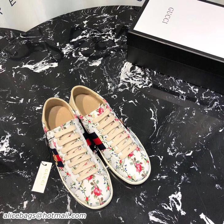 Cheap Gucci Ace Leather Low-Top Sneakers Blue/Red Web Embroidered Bee G89102 White