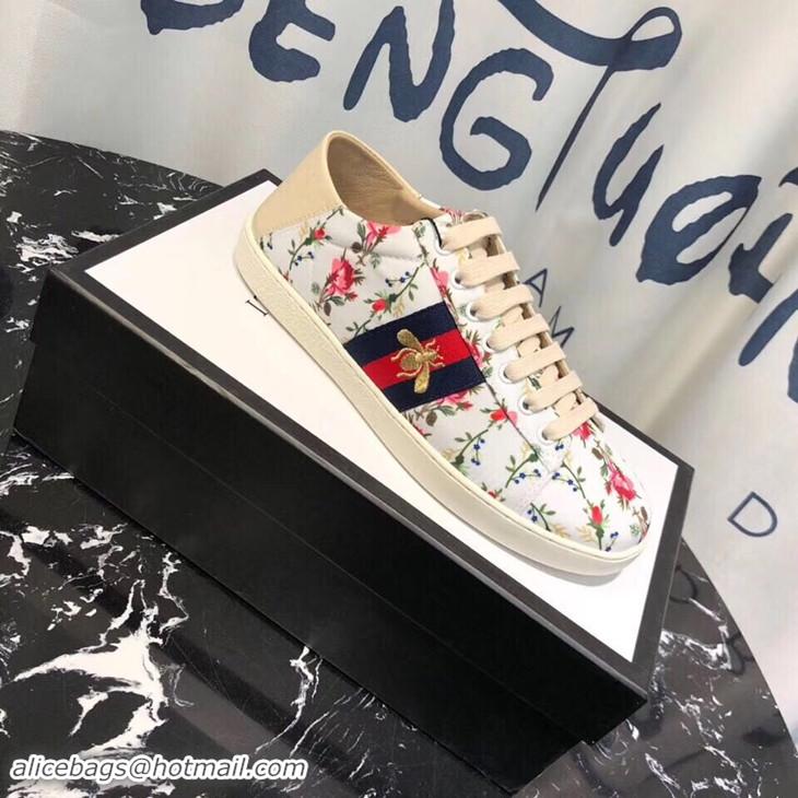 Cheap Gucci Ace Leather Low-Top Sneakers Blue/Red Web Embroidered Bee G89102 White