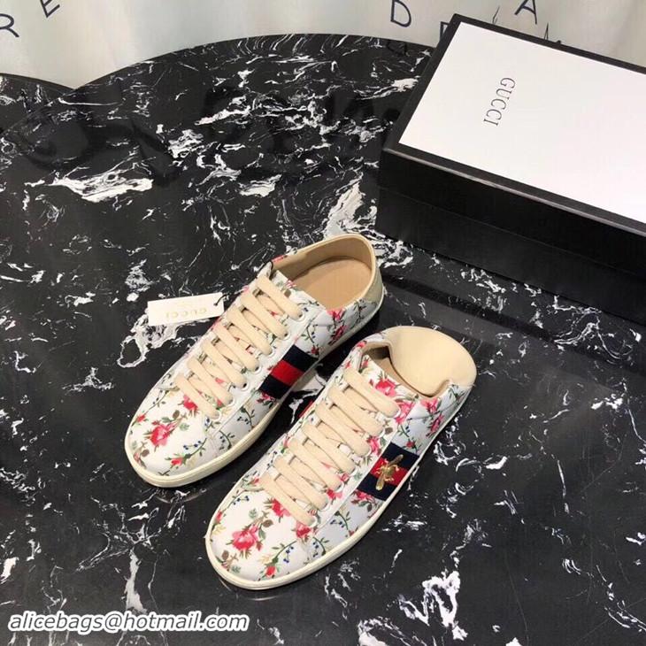 Cheap Gucci Ace Leather Low-Top Sneakers Blue/Red Web Embroidered Bee G89102 White