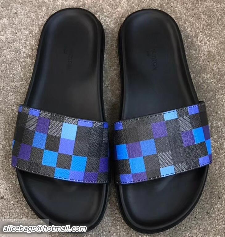 Grade Quality Louis Vuitton Waterfront Rubber Mules LV96727 Damier Graphite Pixel Canvas Blue