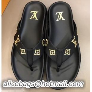 Imitation Louis Vuitton Monogram Rubber Thong Sandals LV96740 Black/Gold 2019