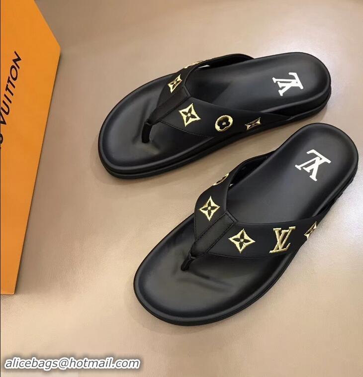 Imitation Louis Vuitton Monogram Rubber Thong Sandals LV96740 Black/Gold 2019