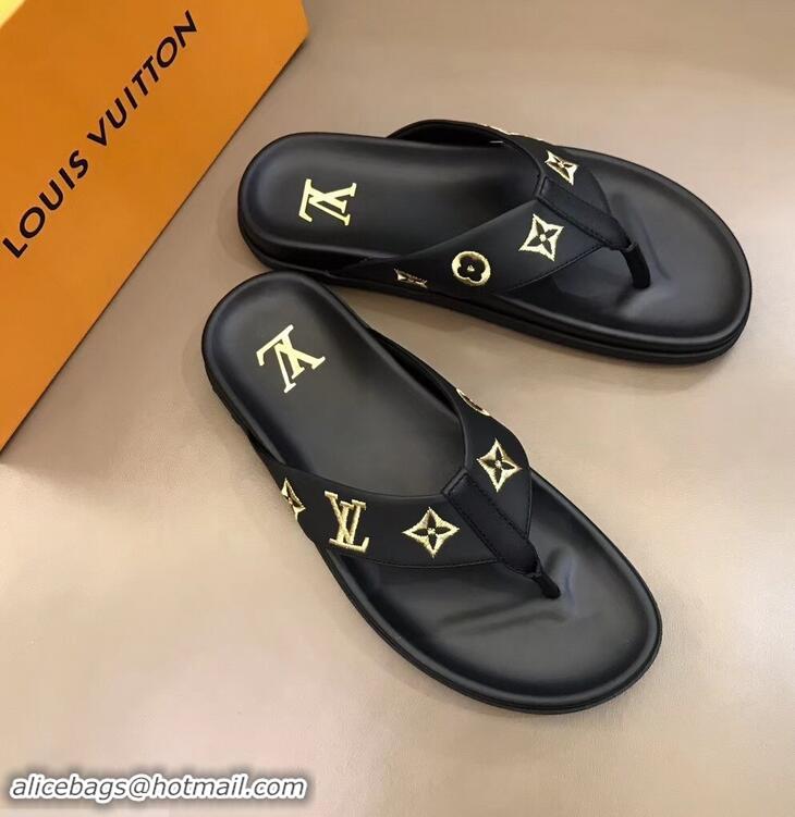 Imitation Louis Vuitton Monogram Rubber Thong Sandals LV96740 Black/Gold 2019