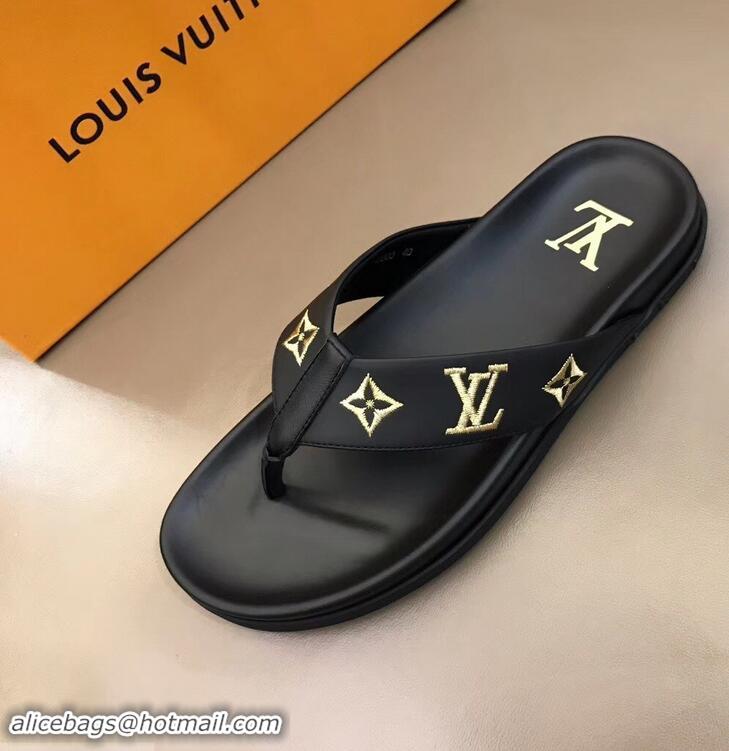 Imitation Louis Vuitton Monogram Rubber Thong Sandals LV96740 Black/Gold 2019