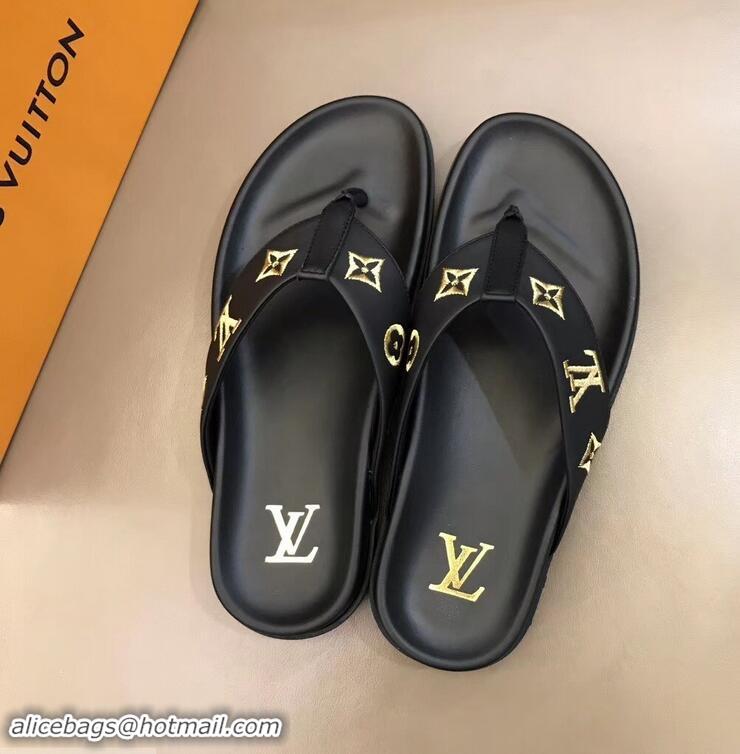 Imitation Louis Vuitton Monogram Rubber Thong Sandals LV96740 Black/Gold 2019