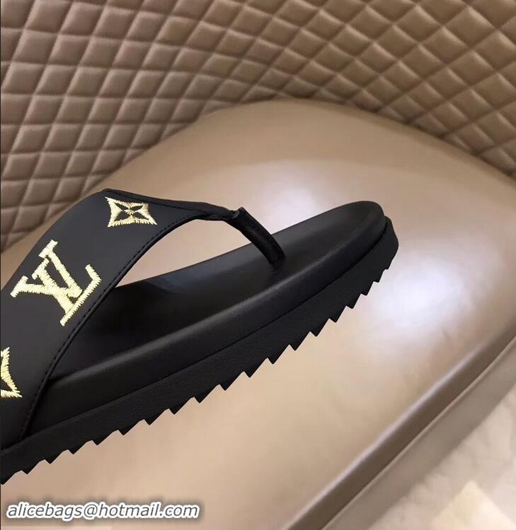 Imitation Louis Vuitton Monogram Rubber Thong Sandals LV96740 Black/Gold 2019