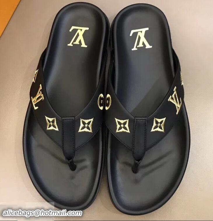 Imitation Louis Vuitton Monogram Rubber Thong Sandals LV96740 Black/Gold 2019