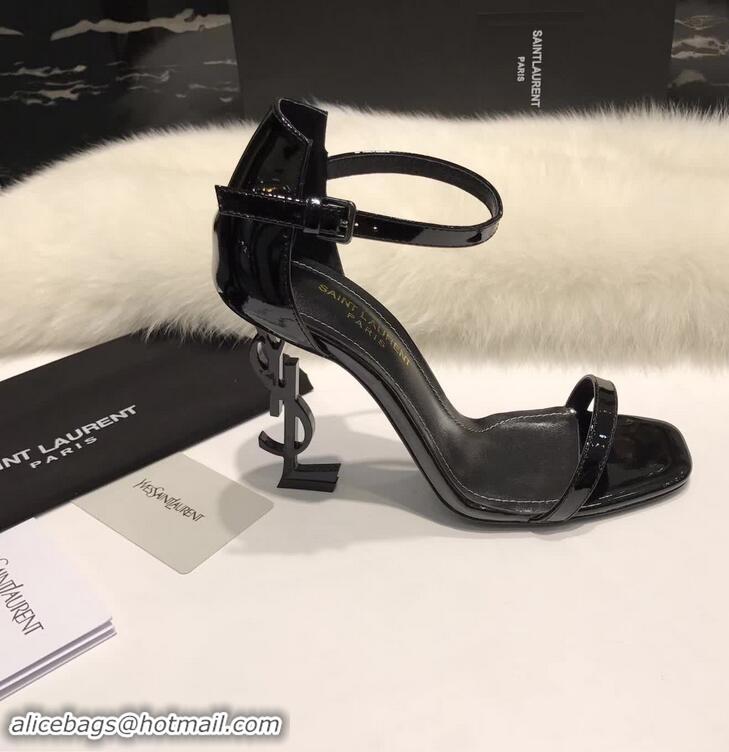 Faux Saint Laurent Opyum 110 Sandals In Patent Leather With Interlocking YSL Heel Y80310 Black