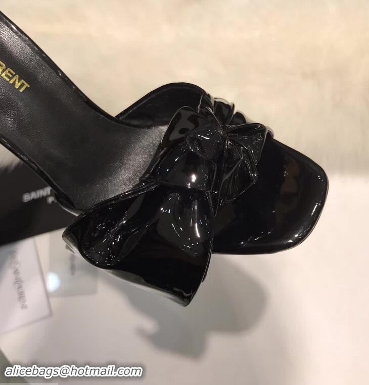 Hot Sell Saint Laurent Heel 10cm With Bow Trim Patent Leather Sandals Y8312 Black 