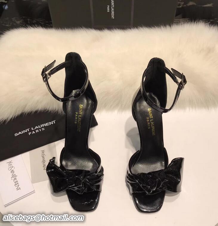 Hot Sell Saint Laurent Heel 10cm With Bow Trim Patent Leather Sandals Y8312 Black 