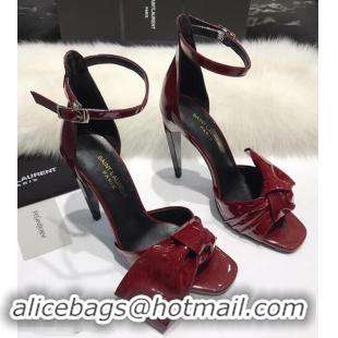 Grade Fake Saint Laurent Heel 10cm With Bow Trim Patent Leather Sandals Y8312 Burgundy