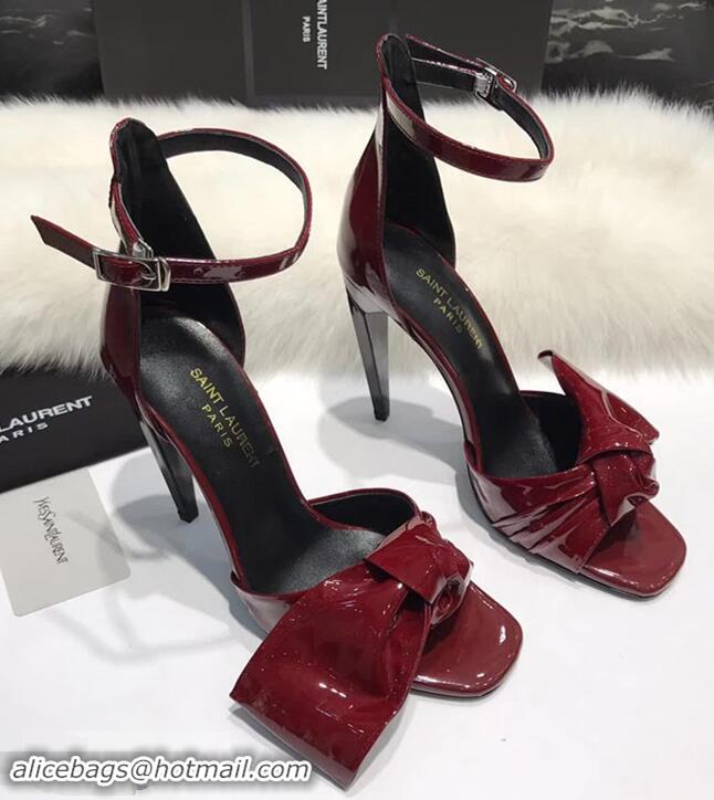 Grade Fake Saint Laurent Heel 10cm With Bow Trim Patent Leather Sandals Y8312 Burgundy