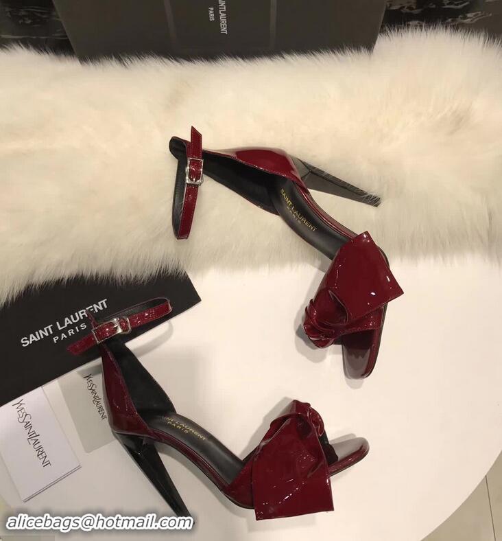 Grade Fake Saint Laurent Heel 10cm With Bow Trim Patent Leather Sandals Y8312 Burgundy