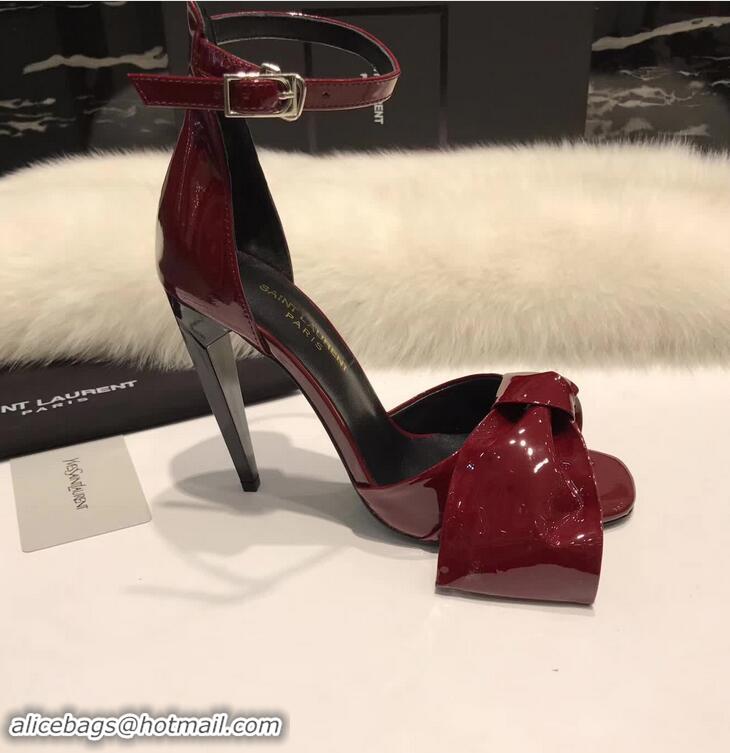 Grade Fake Saint Laurent Heel 10cm With Bow Trim Patent Leather Sandals Y8312 Burgundy