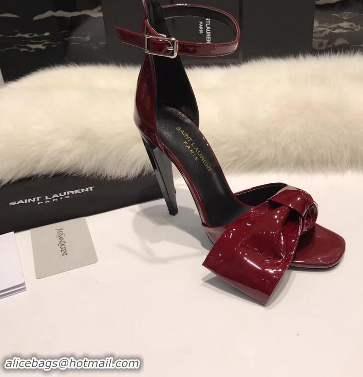 Grade Fake Saint Laurent Heel 10cm With Bow Trim Patent Leather Sandals Y8312 Burgundy