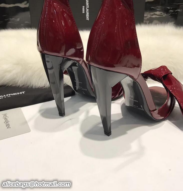 Grade Fake Saint Laurent Heel 10cm With Bow Trim Patent Leather Sandals Y8312 Burgundy