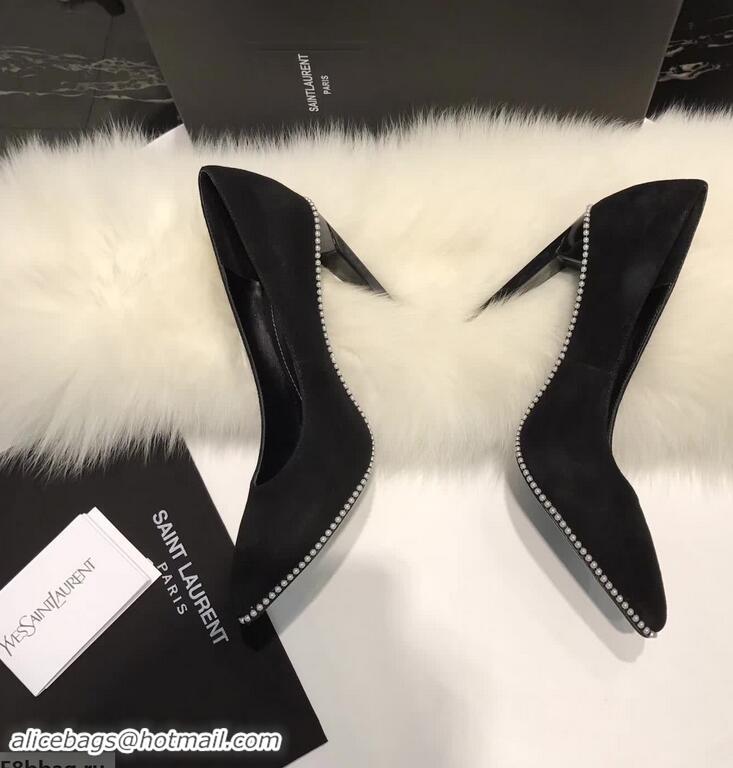 Chic Imitation Saint Laurent Freja 105 Pump In Black Satin And White Crystals Y80315