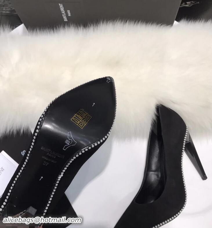 Chic Imitation Saint Laurent Freja 105 Pump In Black Satin And White Crystals Y80315