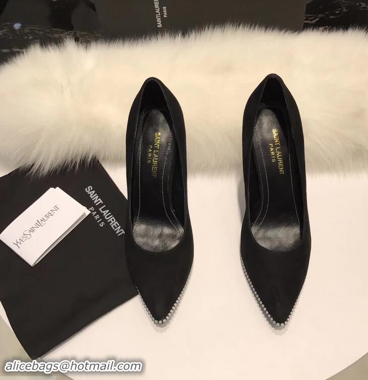 Chic Imitation Saint Laurent Freja 105 Pump In Black Satin And White Crystals Y80315