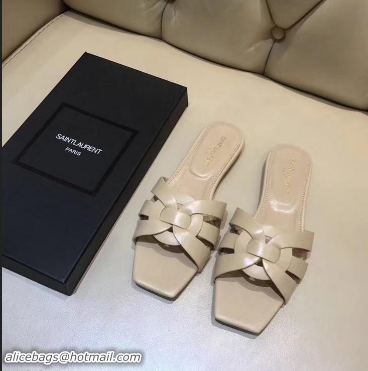 Discount Saint Laurent Slide Sandal In Leather With Intertwining Straps Y80601 Apricot