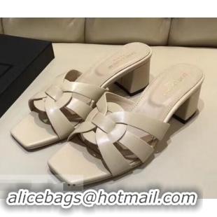 AAAAA Discount Saint Laurent Slide Heel Sandal In Leather With Intertwining Straps Y80602 Apricot