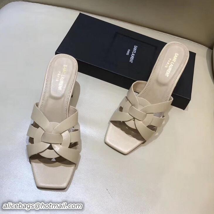 AAAAA Discount Saint Laurent Slide Heel Sandal In Leather With Intertwining Straps Y80602 Apricot