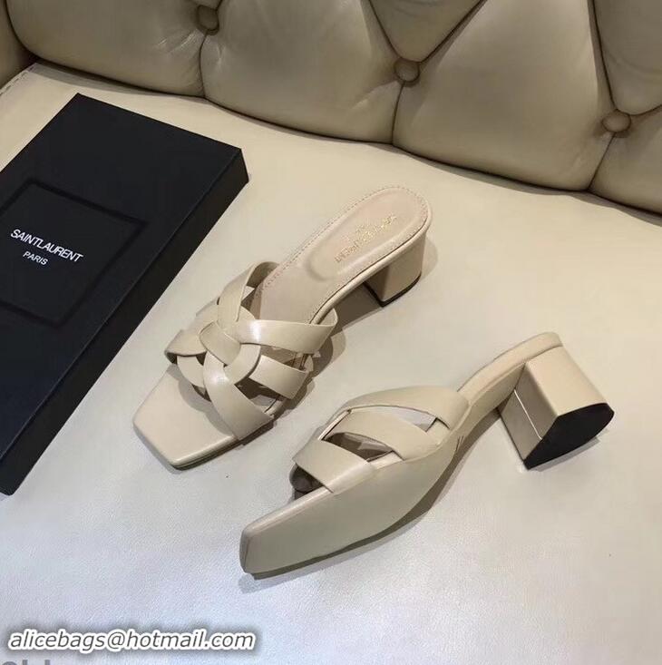 AAAAA Discount Saint Laurent Slide Heel Sandal In Leather With Intertwining Straps Y80602 Apricot