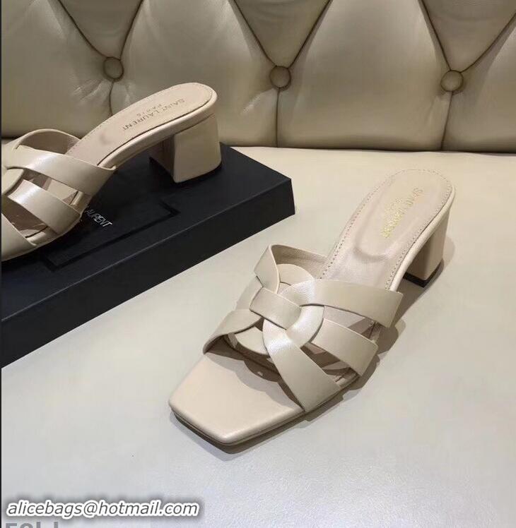 AAAAA Discount Saint Laurent Slide Heel Sandal In Leather With Intertwining Straps Y80602 Apricot